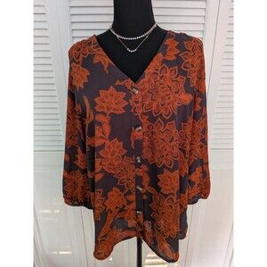 Maurices Top Womens XL Charcoal Burnt Orange Floral 3/4 Sleeve Blouse Tunic Fall